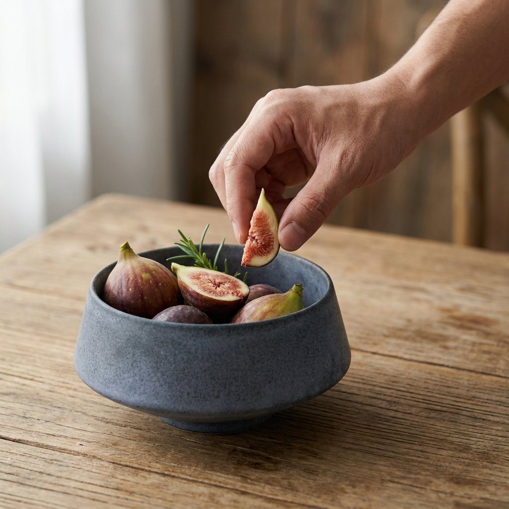 Hand lifting a fig wedge from a speckled blue stoneware bowl of whole and halved figs with rosemary on a wood table