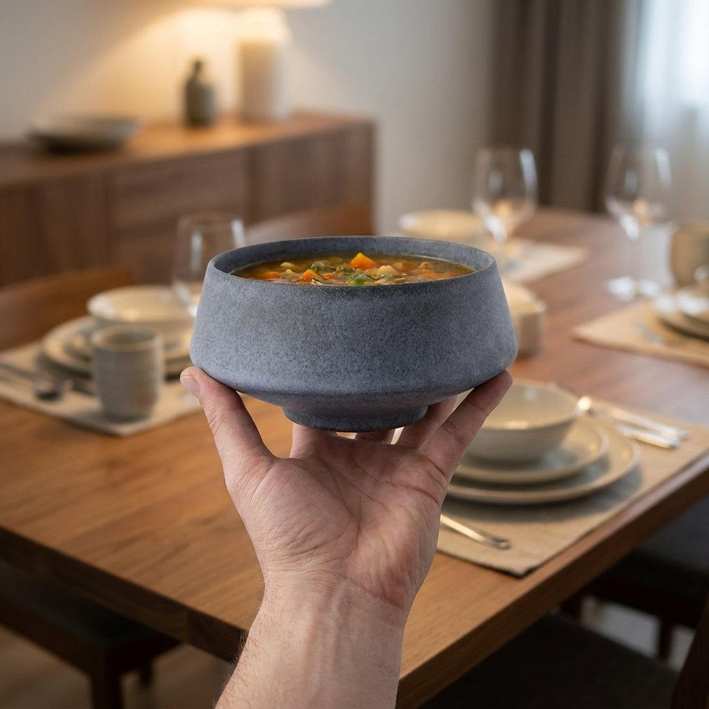 Hand holding a matte blue stoneware bowl of vegetable soup in a dining room