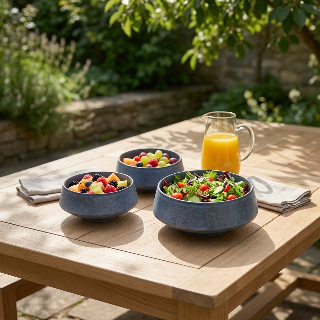 Three matte blue stoneware bowls of salad and fruit on a sunlit teak patio table in a garden