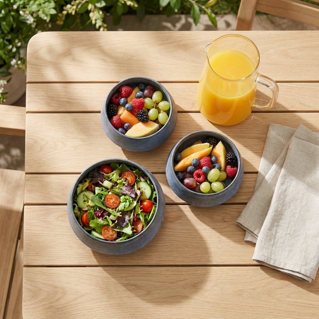 Overhead view of three matte blue stoneware bowls of salad and mixed fruit on a teak outdoor table with a glass pitcher of orange juice