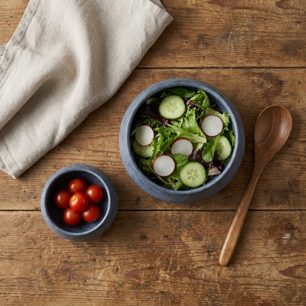 Overhead view of a large matte blue stoneware bowl of green salad and a small bowl of cherry tomatoes on a weathered wood table