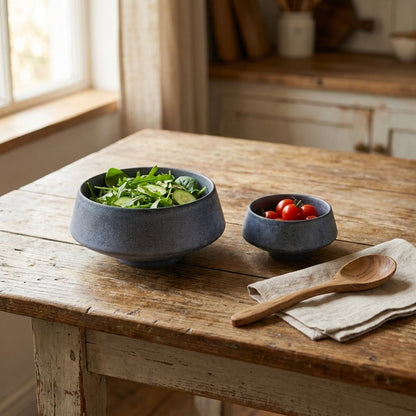 Large blue stoneware bowl of green salad with cucumber and a small bowl of cherry tomatoes on a rustic farmhouse table