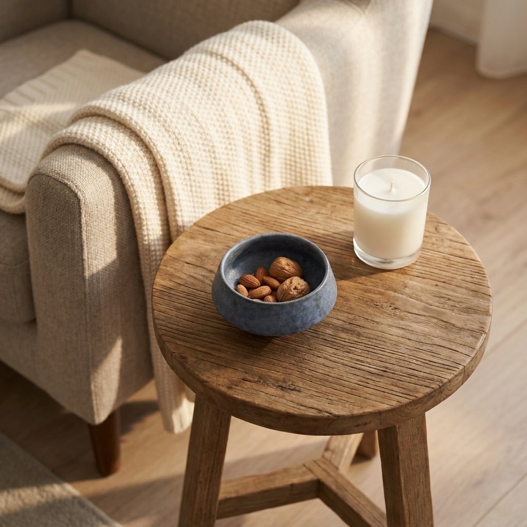 Small blue stoneware bowl of mixed nuts on a round wooden side table beside a candle and an armchair with a knit throw
