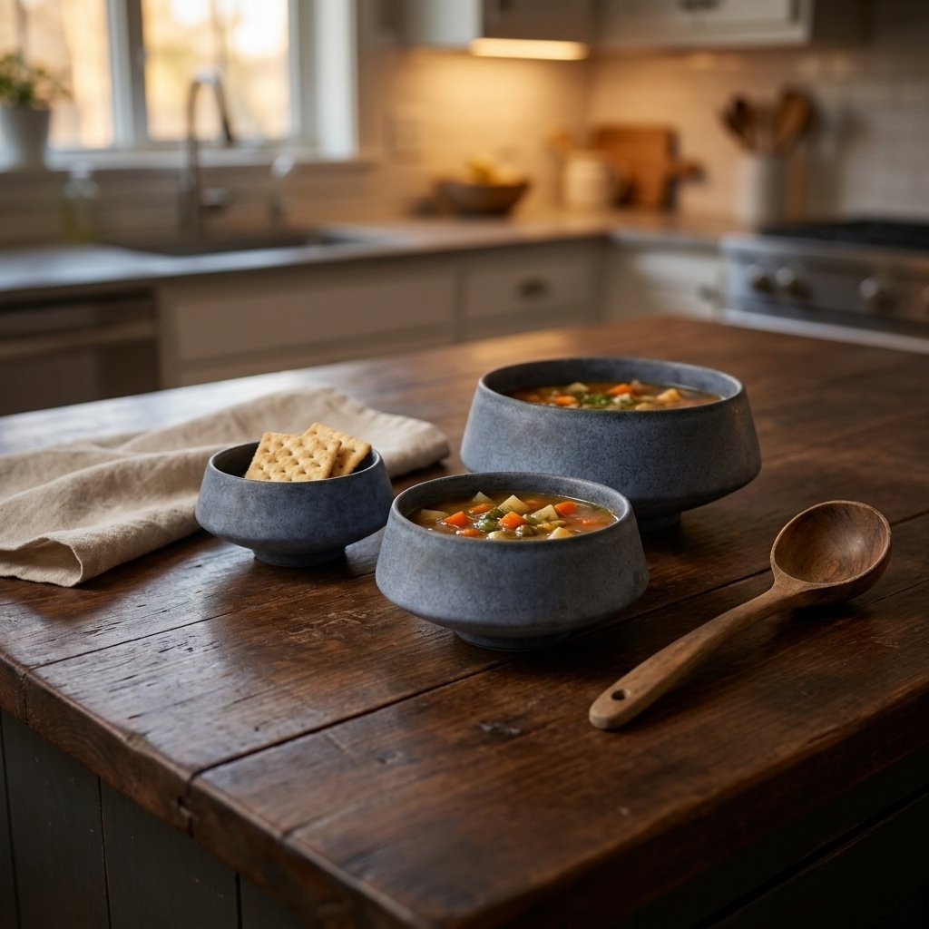 Three matte blue stoneware bowls on a dark wood table, two with chunky vegetable soup and a small one holding crackers