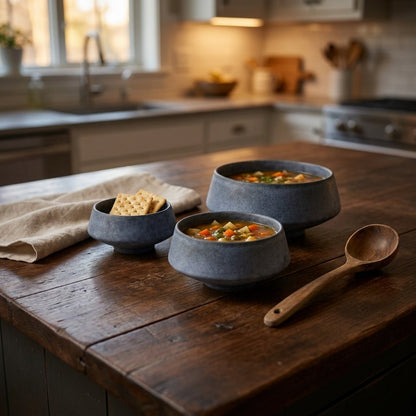 Three matte blue stoneware bowls on a dark wood table, two with chunky vegetable soup and a small one holding crackers