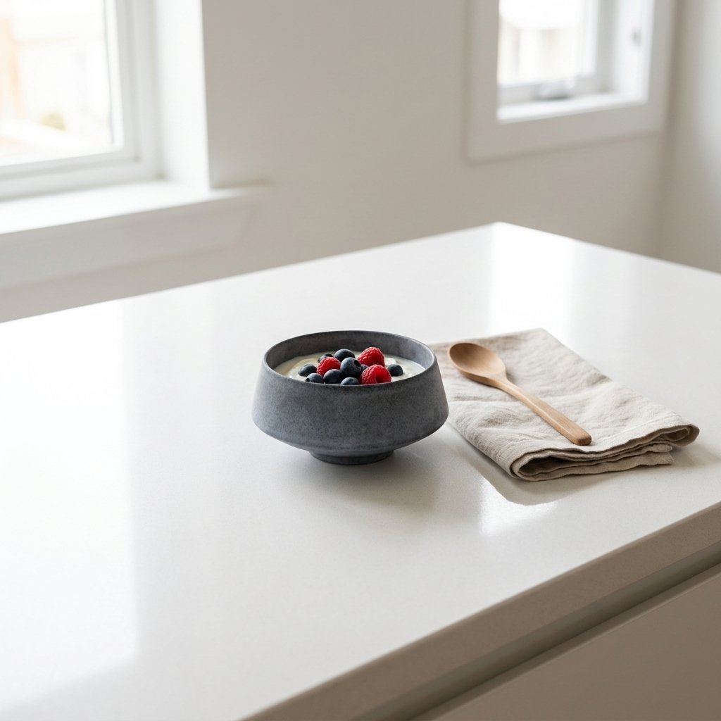Small matte blue stoneware bowl of yogurt topped with raspberries and blueberries on a white counter beside a wooden spoon