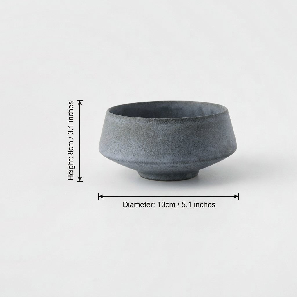 Medium matte blue stoneware bowl with dimensions labeled height 8 cm (3.1 in) and diameter 13 cm (5.1 in)