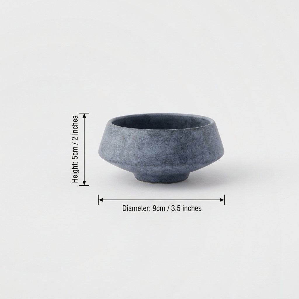 Small matte blue stoneware bowl with dimensions labeled height 5 cm (2 in) and diameter 9 cm (3.5 in)