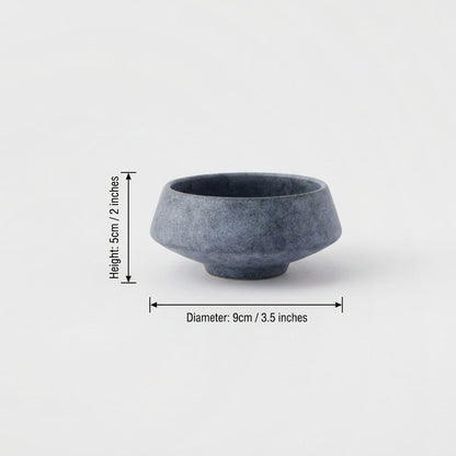 Small matte blue stoneware bowl with dimensions labeled height 5 cm (2 in) and diameter 9 cm (3.5 in)