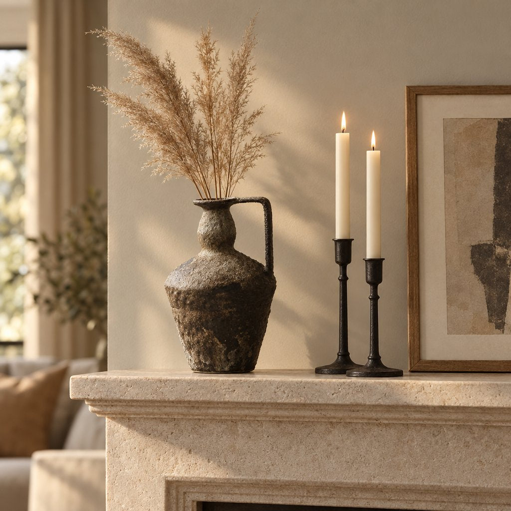 Dark brown-gray rough-textured ceramic pitcher vase with a single handle holding tall tan pampas plumes on a cream limestone mantel beside two lit taper candles in black candlesticks
