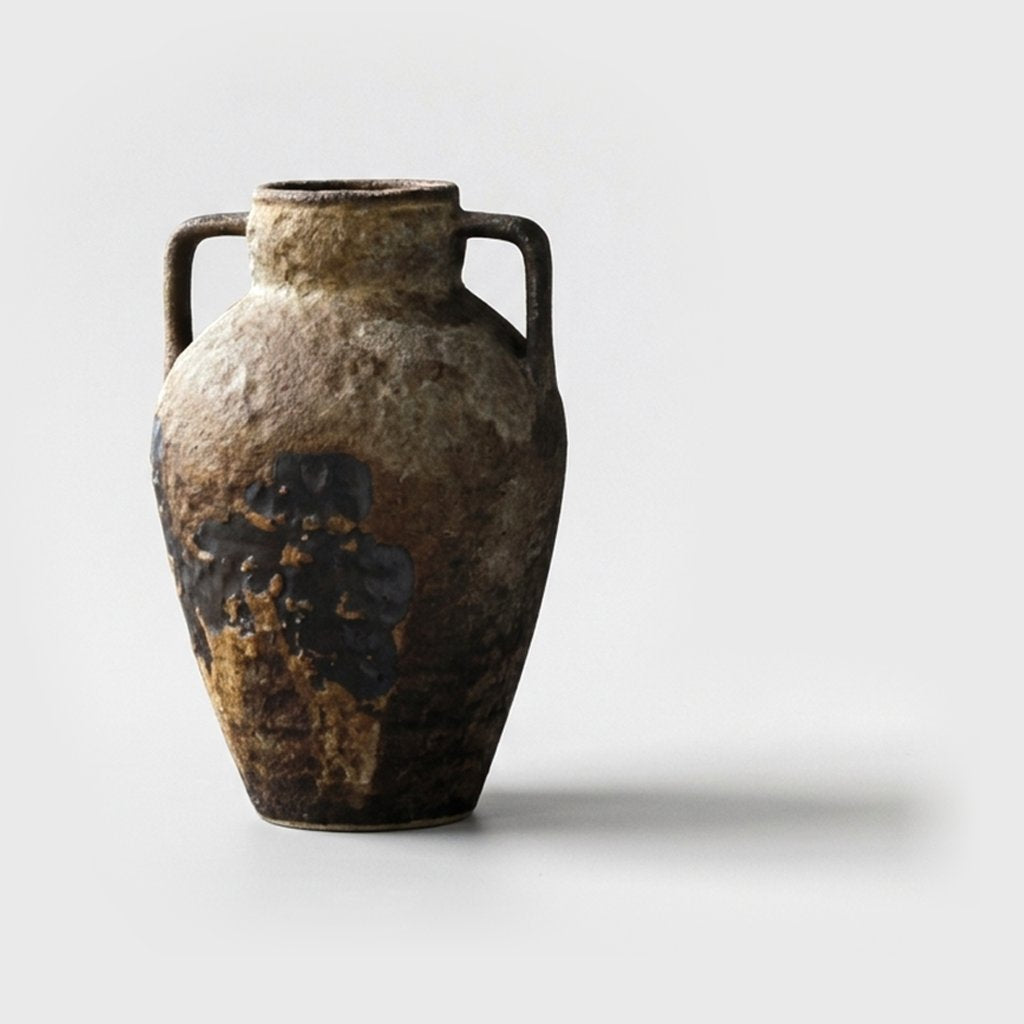 Single empty warm tan and ochre two-handled ceramic amphora vase with a dark brown glaze patch on a plain light gray background