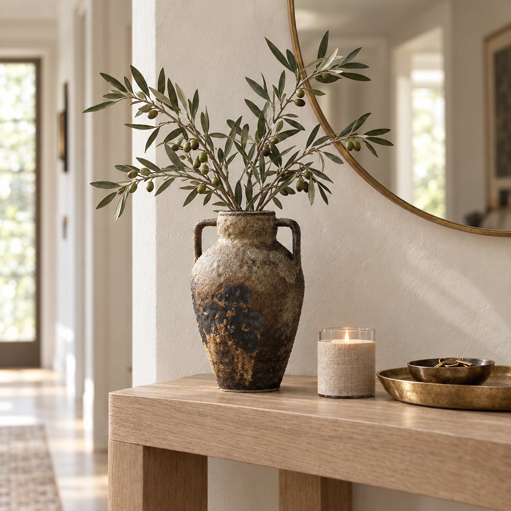 Tan and cream two-handled ceramic vase with a dark brown patch holding olive branches on an oak console beside a lit candle, a brass tray and a round gold mirror