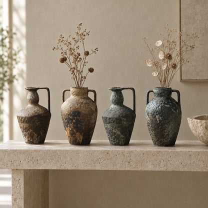 Four rough-textured ceramic pitcher vases in tan, sand, gray-green and dark blue-green on a pale limestone console, two empty and two holding dried stems, with a beige plaster wall behind