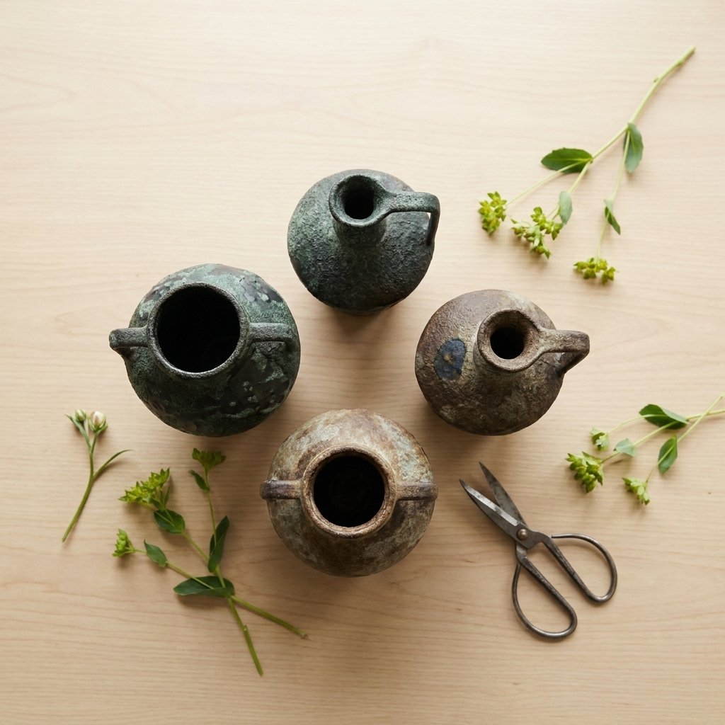 Overhead view of four rough-textured ceramic vases in dark green-gray, teal, brown and tan on a pale wood surface with loose green flower sprigs and black shears