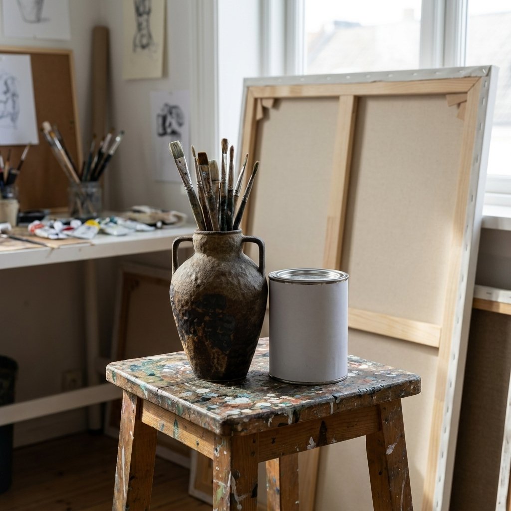 Dark brown two-handled ceramic vase full of paintbrushes on a paint-splattered wooden stool in an art studio with a canvas, a paint can and a window