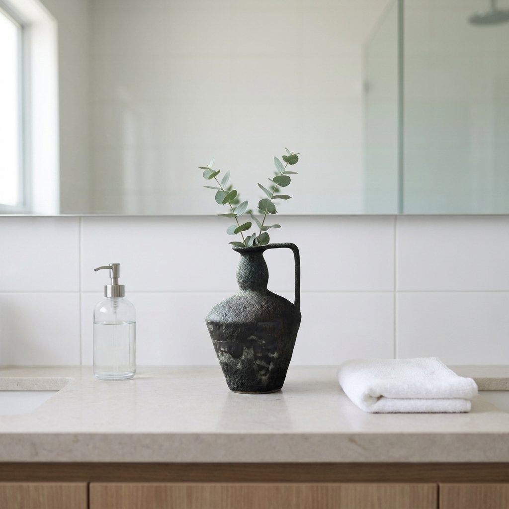 Dark charcoal-green ceramic pitcher vase with a single handle holding eucalyptus stems on a stone bathroom counter beside a glass pump bottle and a folded white towel