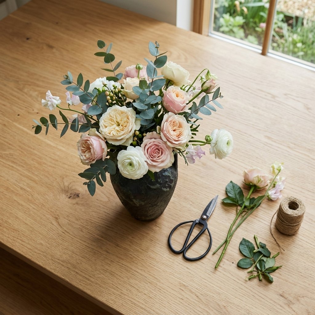Short wide dark charcoal ceramic vase holding cream and blush garden roses, ranunculus, sweet peas and eucalyptus on an oak table beside shears and jute twine
