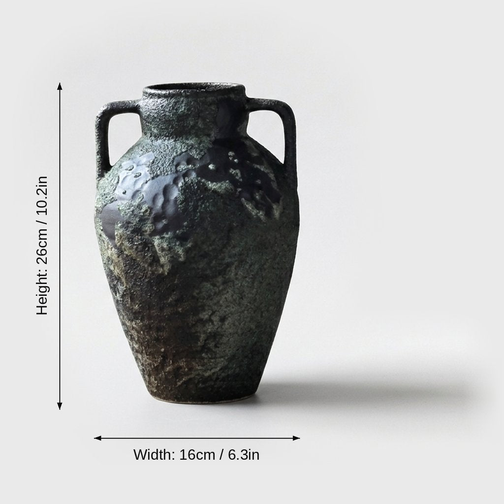 Dimensions graphic of a dark green-black two-handled ceramic vase labeled Height 26cm / 10.2in and Width 16cm / 6.3in