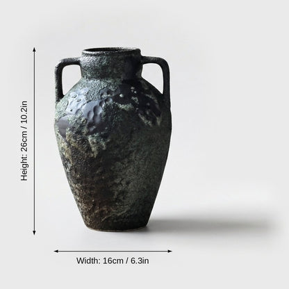 Dimensions graphic of a dark green-black two-handled ceramic vase labeled Height 26cm / 10.2in and Width 16cm / 6.3in
