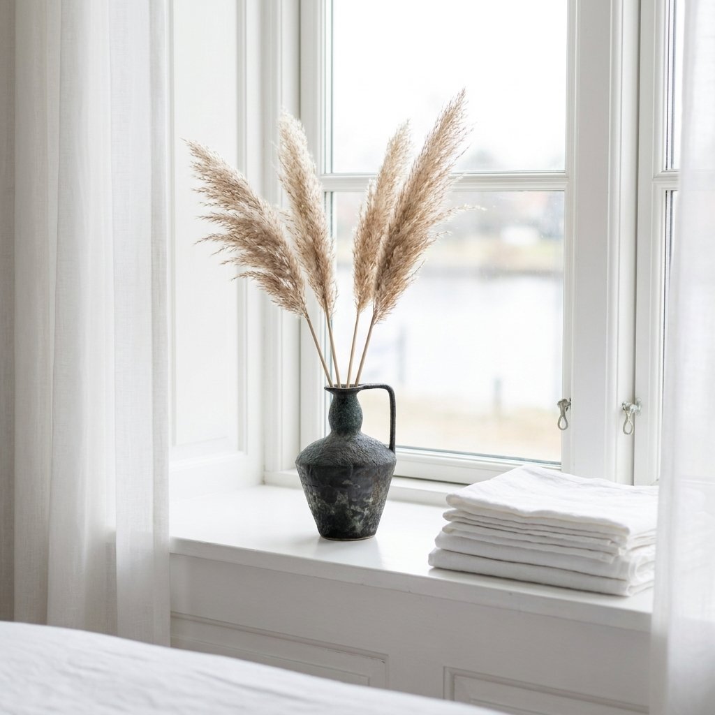 Dark charcoal-green ceramic pitcher vase with a single handle holding tan pampas grass on a white windowsill in a bedroom with sheer curtains and a view of water