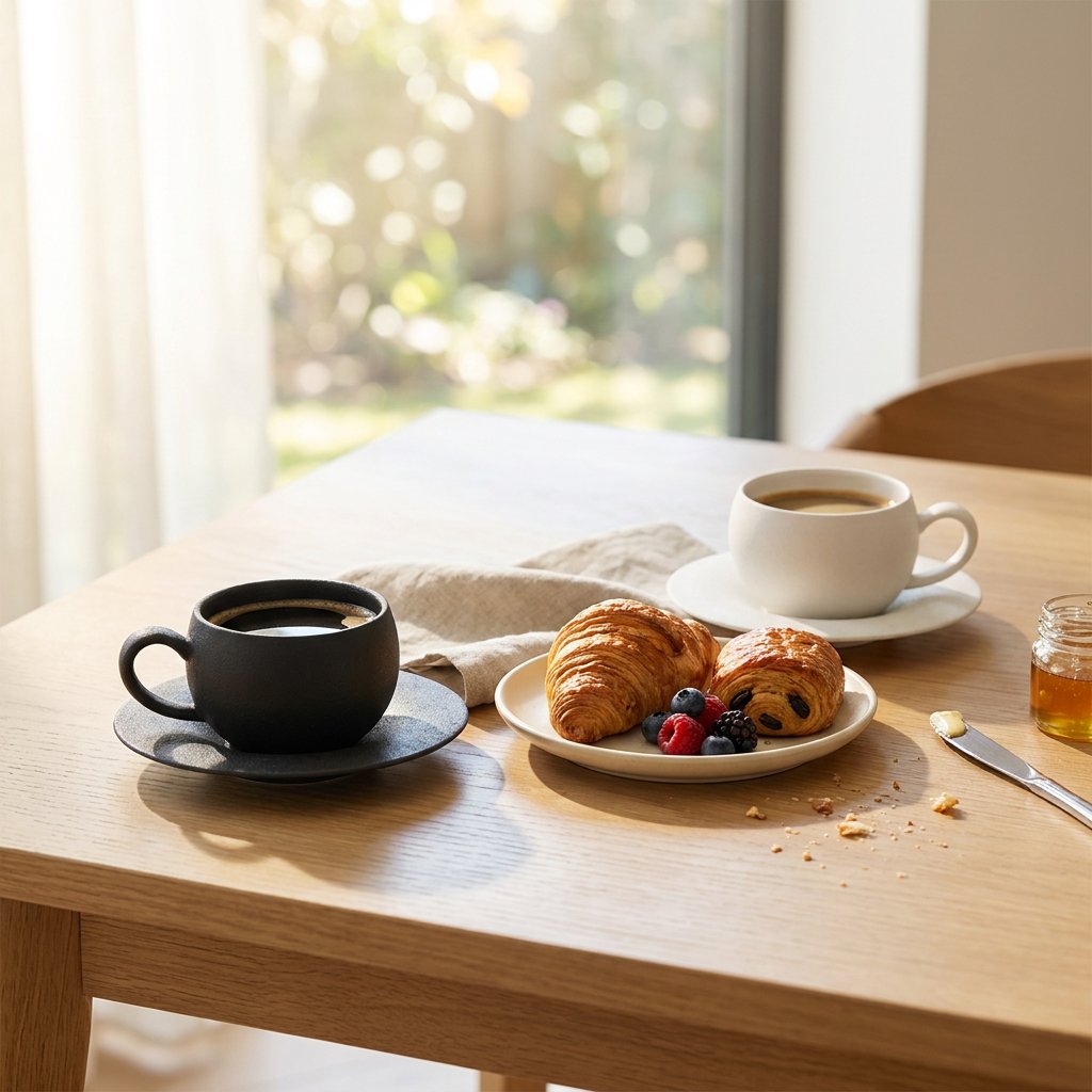 Matte black and matte white stone-finish ceramic cup and saucer sets holding coffee on an oak table with croissants and berries in a sunny window