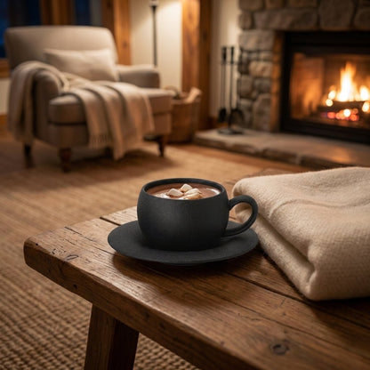 Matte charcoal-black stone-finish ceramic cup and saucer holding cocoa with small marshmallows on a rustic wooden table in front of a stone fireplace with a lit fire