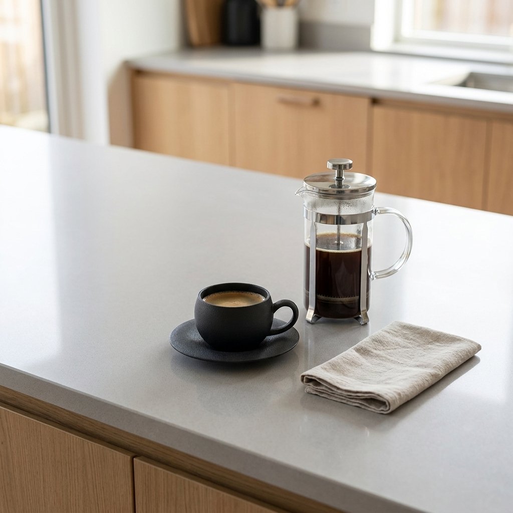 Matte charcoal-black stone-finish ceramic cup and saucer holding espresso on a quartz kitchen island beside a glass French press and a linen napkin