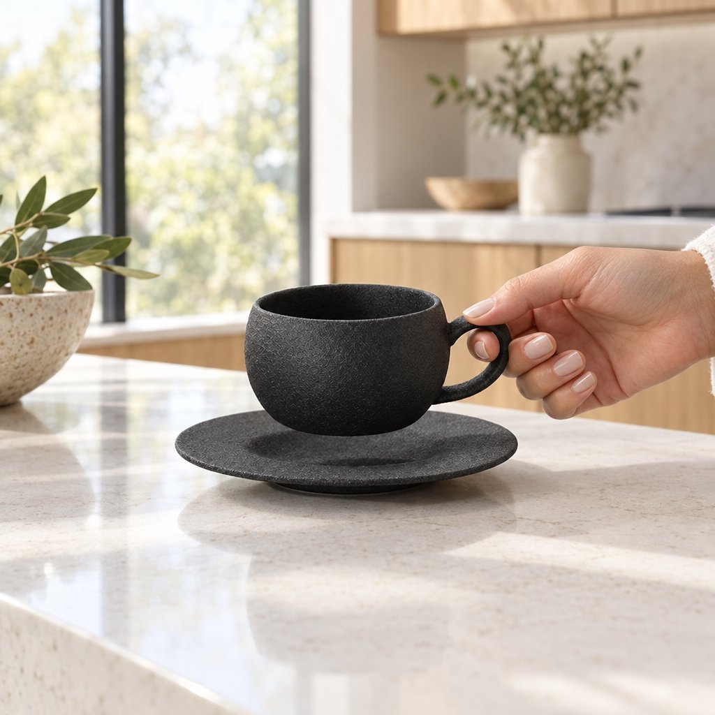 Hand holding the handle of an empty matte charcoal-black stone-finish ceramic cup on its saucer on a speckled stone kitchen island