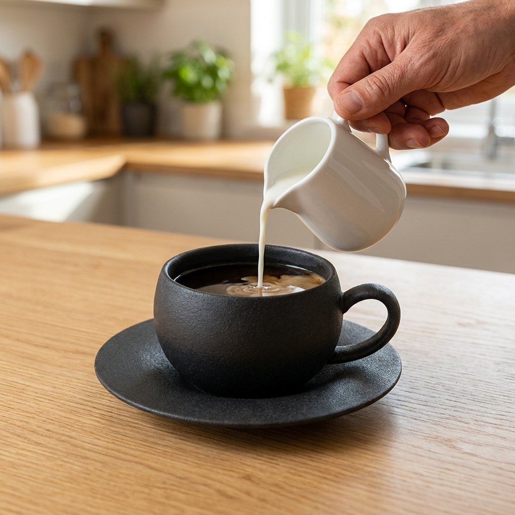 Milk being poured from a small white creamer into a matte charcoal-black stone-finish ceramic cup of coffee on its saucer on an oak kitchen counter