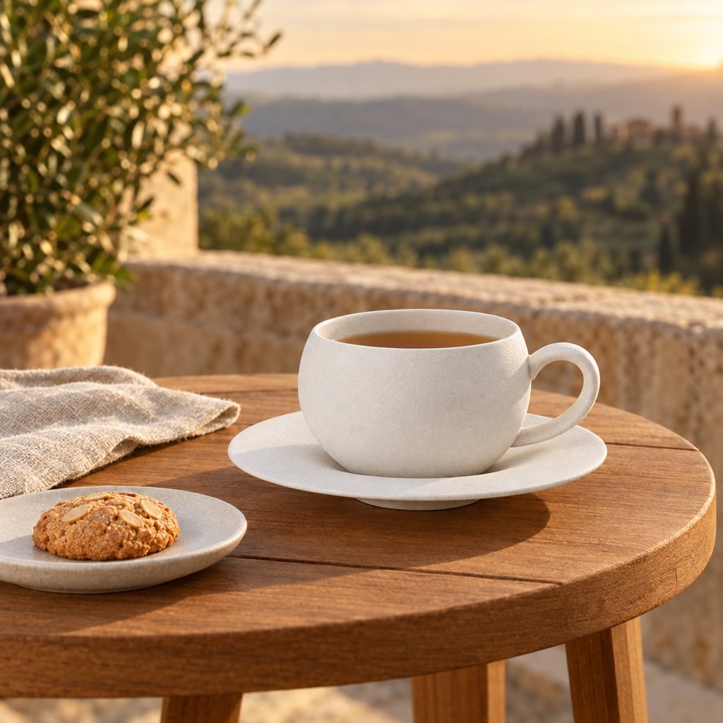 Matte off-white stone-finish ceramic cup and saucer holding amber tea on a round wooden balcony table with a small plate and cookie, overlooking green hills at golden hour