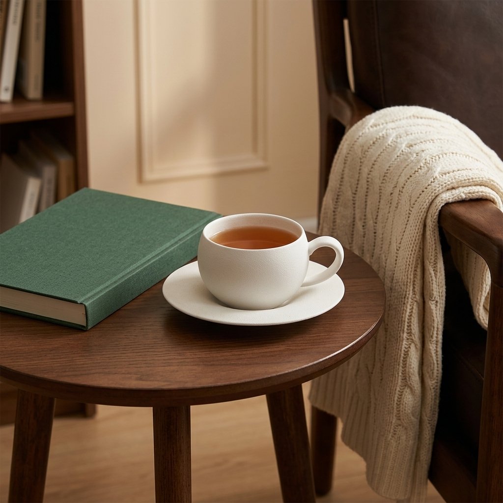 Matte off-white stone-finish ceramic cup and saucer holding amber tea on a small walnut side table beside a green hardcover book and a leather armchair