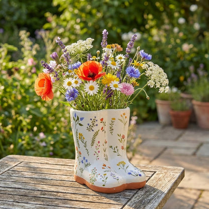 Floral arrangement in a boot on a wooden table with a garden background