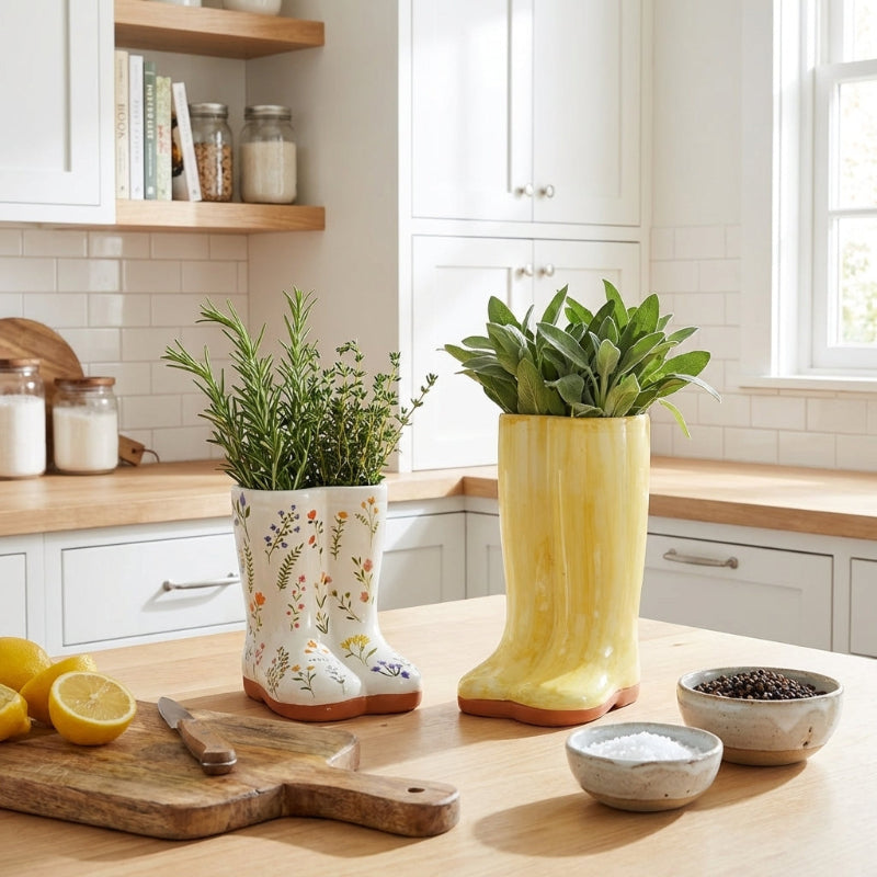 Two rain boots repurposed as planters with green plants on a kitchen counter.
