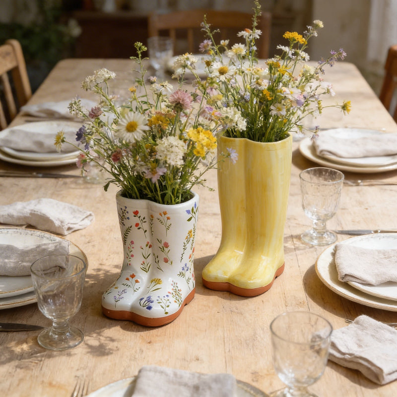 Decorative boots with floral patterns containing flowers on a table setting.