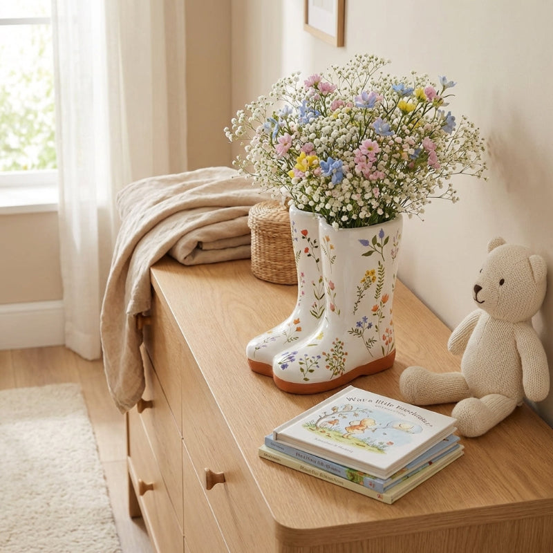 White floral-patterned boots on a wooden surface with a teddy bear and books nearby.