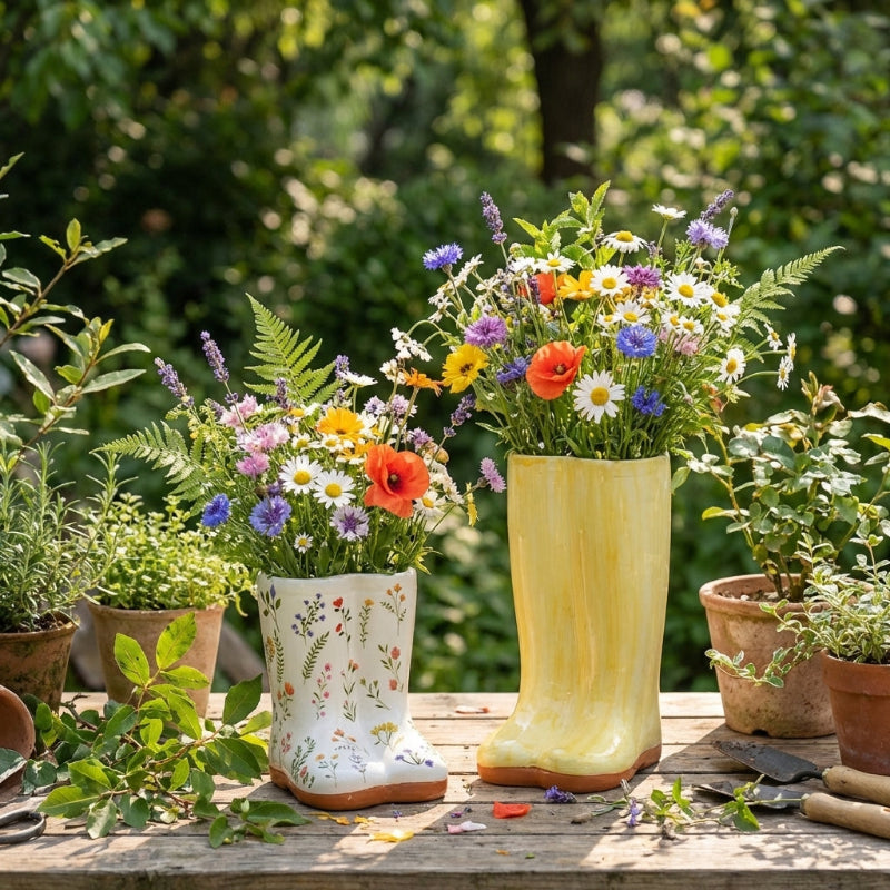Yellow and white rain boots filled with colorful flowers on a wooden table outdoors.