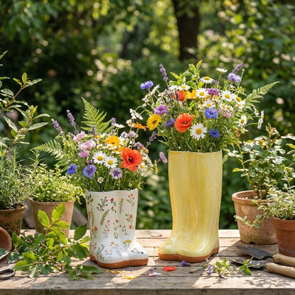 Yellow and white rain boots filled with colorful flowers on a wooden table outdoors.