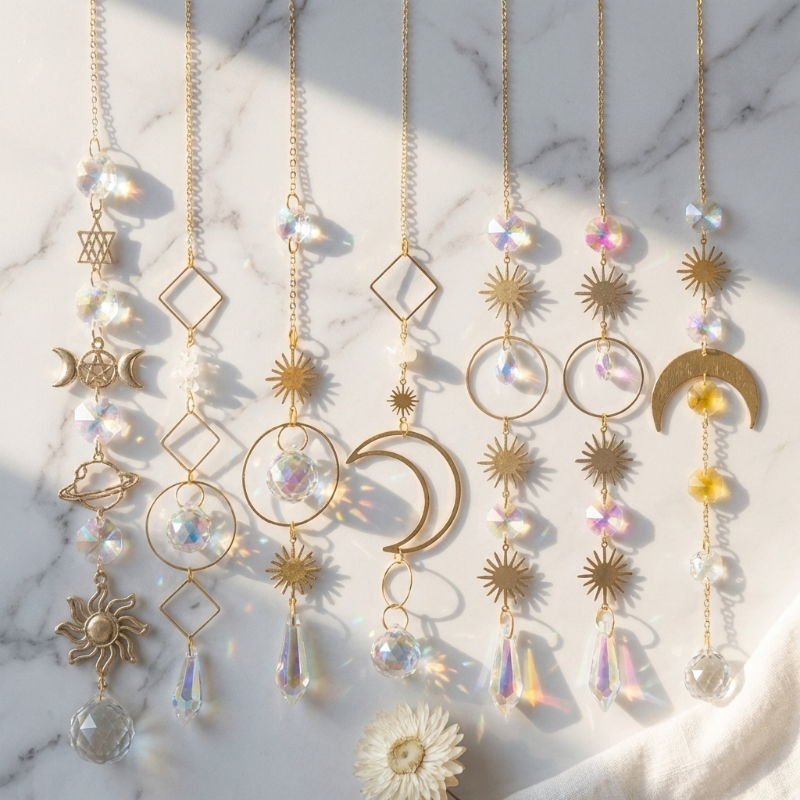 Meditation suncatchers set with moon, sun, and crystal designs hanging in window light