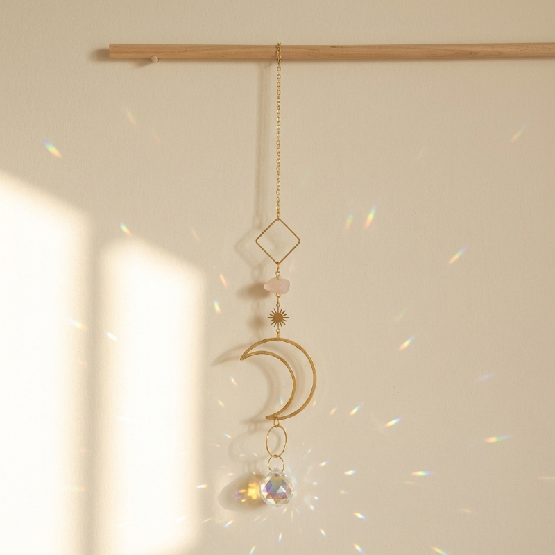Meditation suncatcher hanging above bedside table in warm neutral bedroom