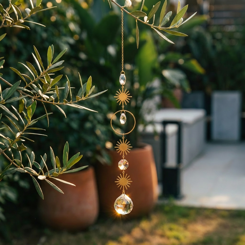 Meditation suncatcher hanging outdoors beside potted plants