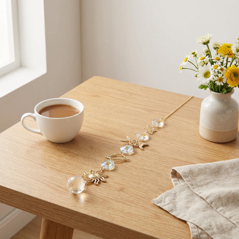Suncatcher with clear stones on a wooden table next to a cup of coffee and a vase with flowers.