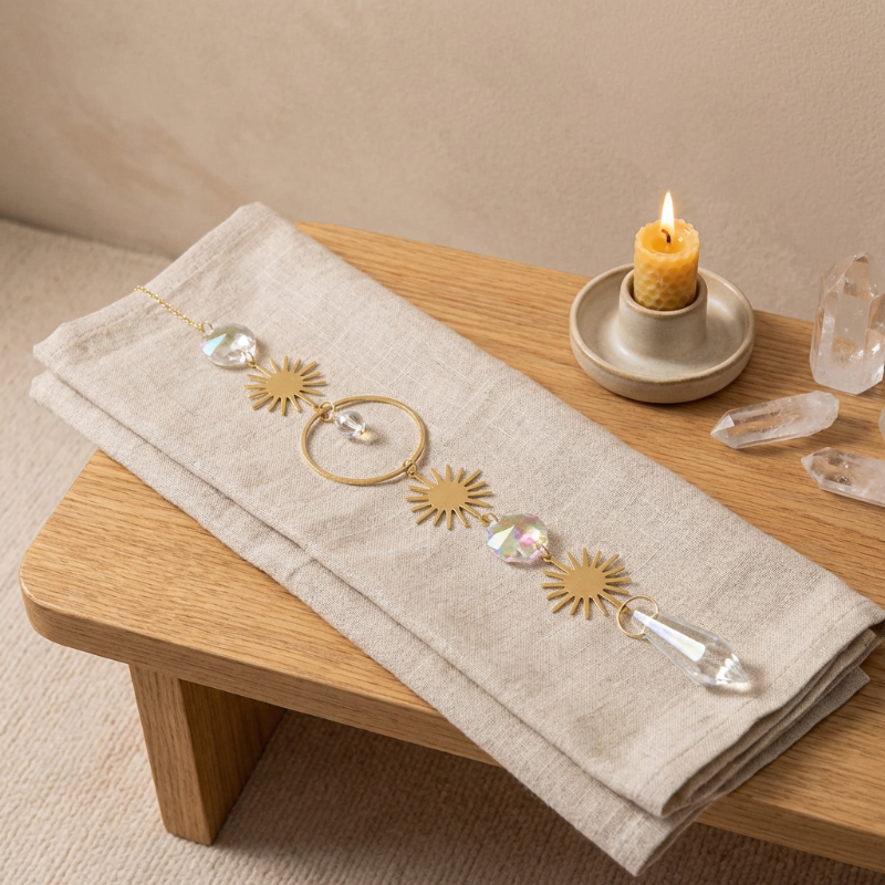 Decorative earrings on a folded beige cloth with a candle and crystals in the background