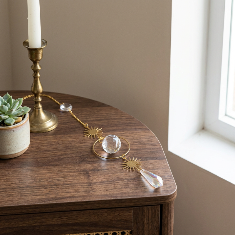 Decorative suncatcher crystal and brass chain on a wooden table with a candle and plant in the background.
