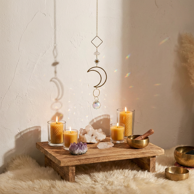 Decorative setup with candles, crystals, and a wooden platform on a textured surface.