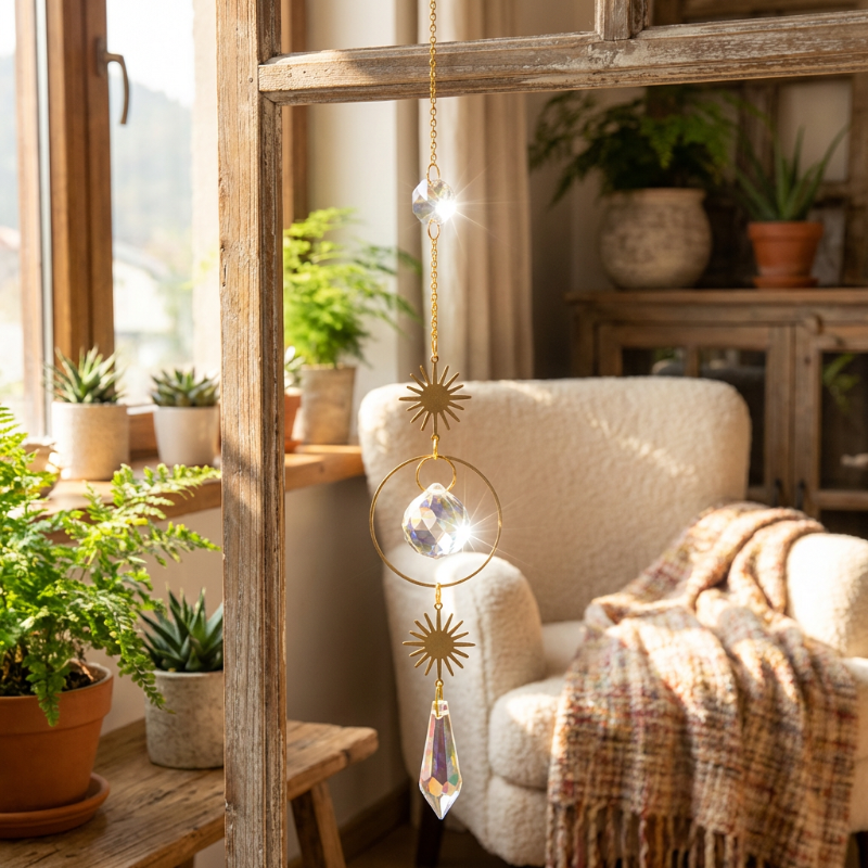 Decorative hanging crystal in a cozy living room with plants and a chair.
