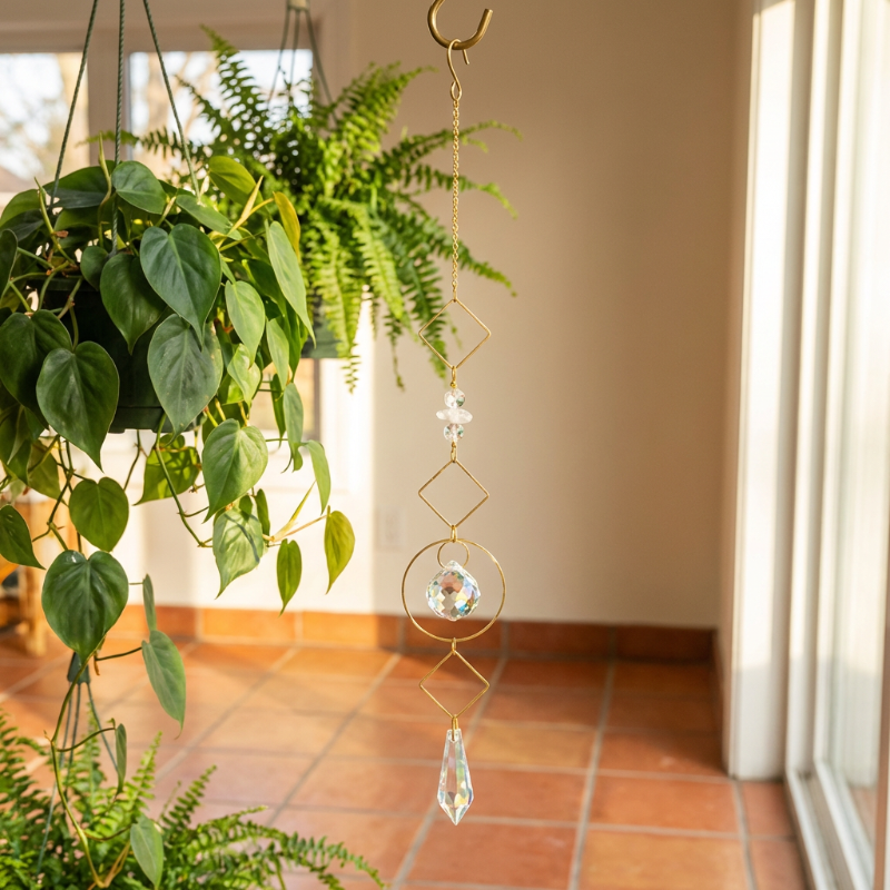 Decorative hanging crystal with plants in a room with a window.