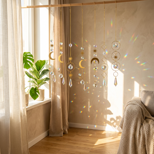 Decorative hanging mobile with crystals in a sunlit room with curtains and a plant.