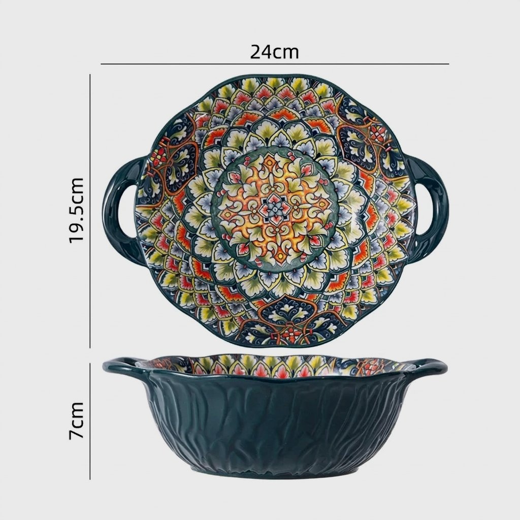 Patterned ceramic deep round bowl with two handles shown from above and the side, labeled 24cm across the handles, 19.5cm for the body and 7cm high