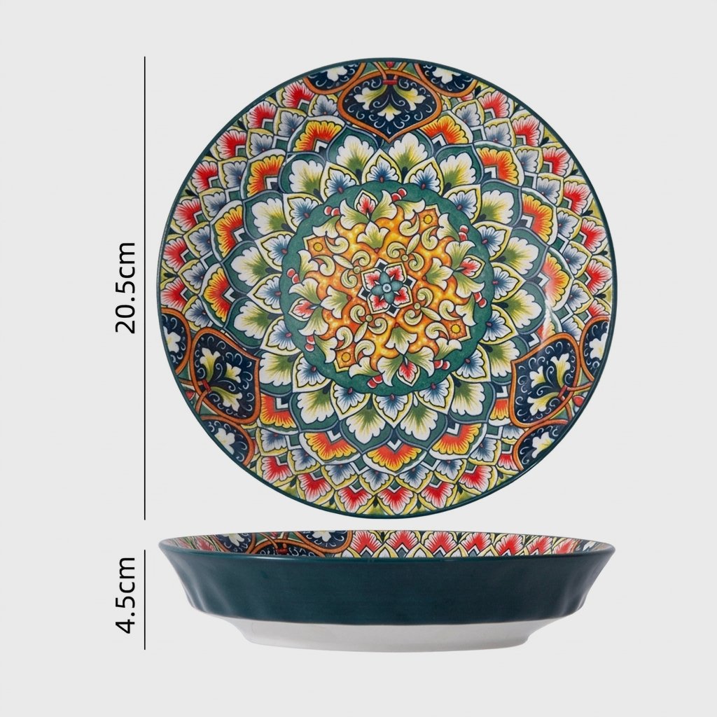 Patterned ceramic large round dish without handles shown from above and the side, labeled 20.5cm in diameter and 4.5cm high