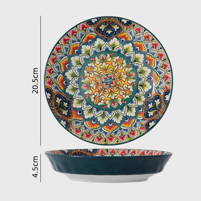 Patterned ceramic large round dish without handles shown from above and the side, labeled 20.5cm in diameter and 4.5cm high